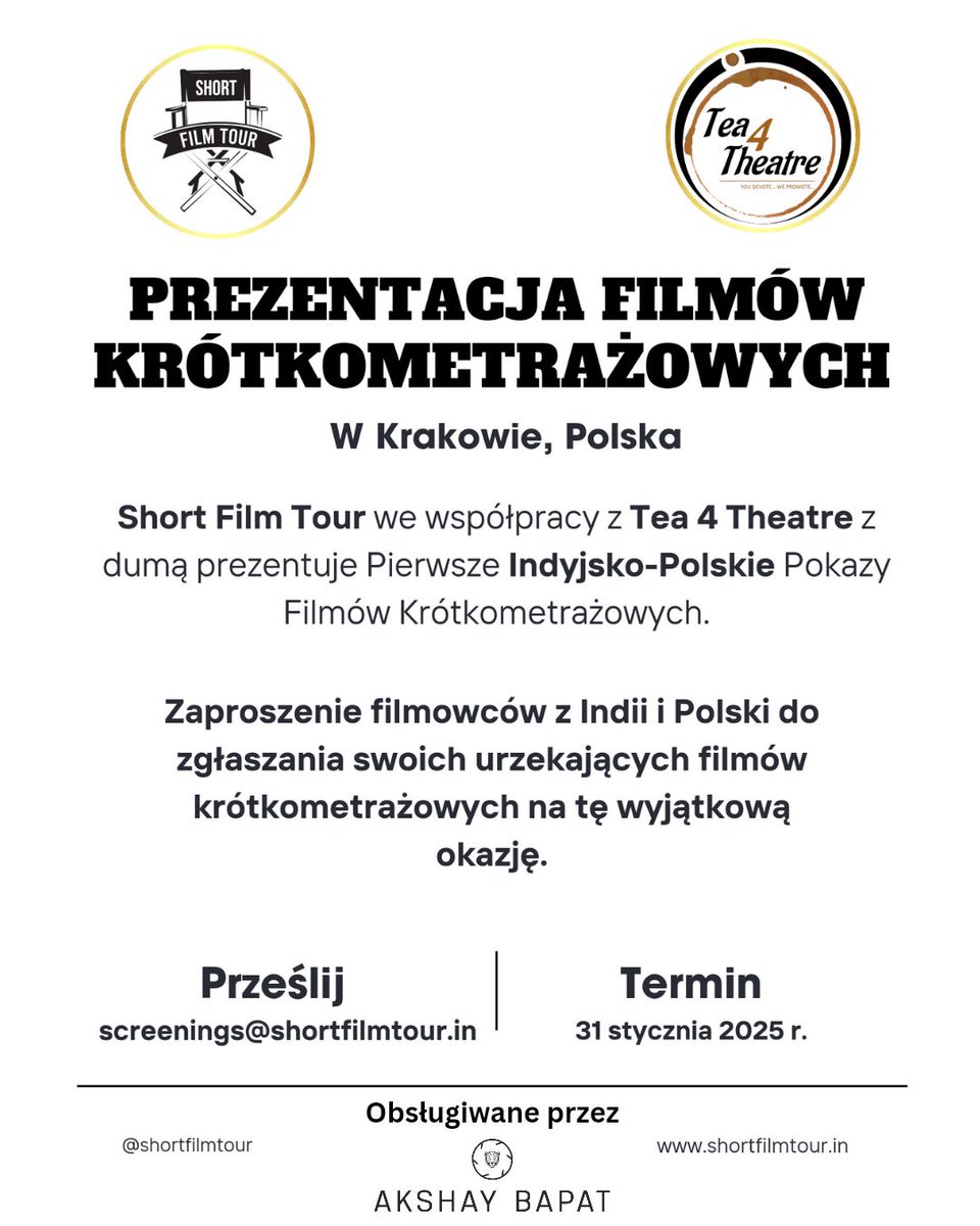 Pokaz Filmów Krótkometrażowych w Krakowie, Polska

Short Film Tour, we współpracy z Tea 4 Theatre i wsparciu Akshaya Bapat, z dumą przedstawia Pierwsze Pokazy Krótkich Filmów Indyjsko-Polskich. (1/4)