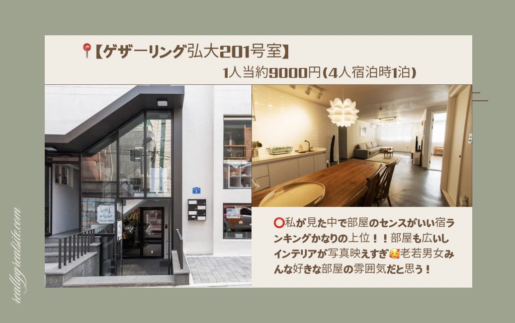 builtinyeonnam's tweet photo. 家族旅行や大人数にピッタリ🥰
部屋が最高にセンスいいコスパ宿👌

【ゲザーリング弘大201号室】

✔︎弘大入口駅から徒歩9分
✔︎4人〜8人おすすめ
✔︎1人当約9000円(4人宿泊/1泊)
✔︎ベットもインテリアもお洒落
✔︎シャワー室が綺麗🚿
✔︎レビュー200件超え
✔︎BBQも可能な屋上付

#韓国旅行 https://t.co/KehAB99K2B