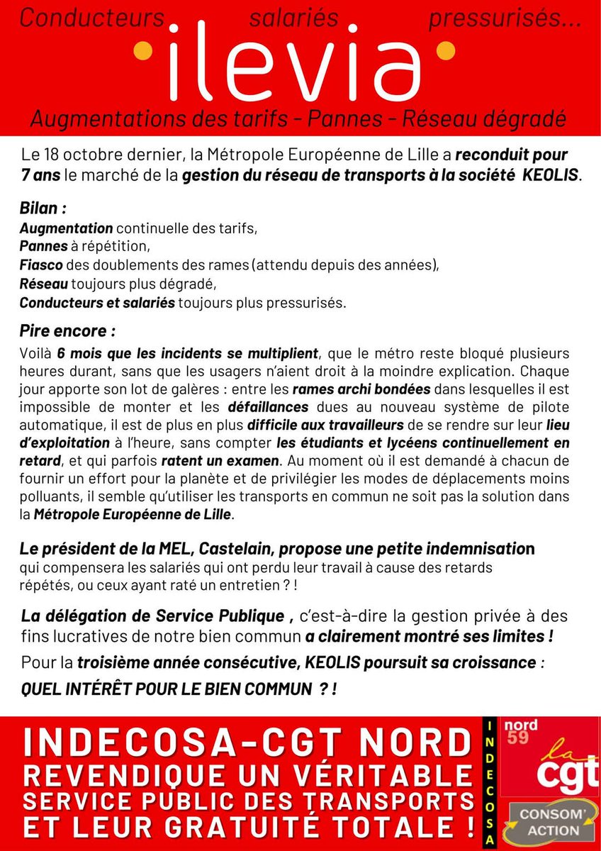 Un service de plus en plus dégradé <a href="/CgtIlevia/">🚇 CGT ILEVIA ✊</a> <a href="/ilevia_actu/">ilévia</a> <a href="/ilevia_bus/">ilévia Bus</a> <a href="/ilevia_tram/">ilévia Tram</a> <a href="/ilevia_metro/">ilévia Métro</a>  <a href="/KeolisLille/">Keolis Lille ilévia</a> <a href="/groupekeolis/">Keolis Group</a>