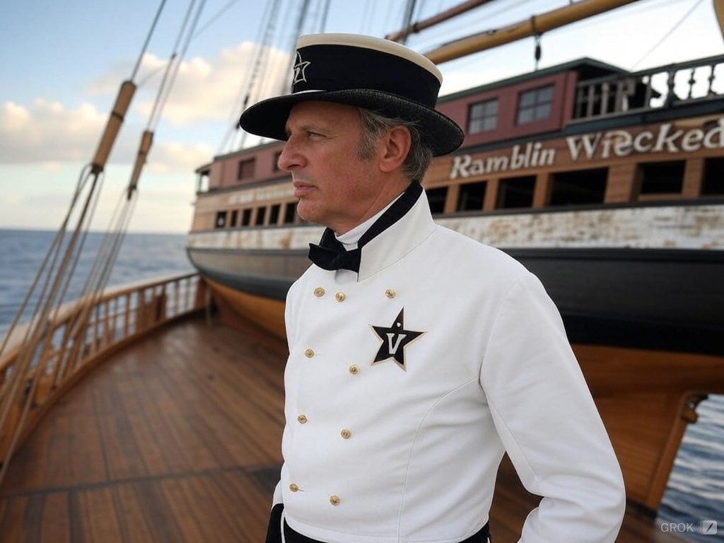 I find myself aboard the noble Ramblin Wrecked, preparing for the clash ahead. The Commodores march into Birmingham today to face Georgia Tech's Yellow Jackets. Fear not, for our resolve is firm and our sails catch the wind of destiny. We shall Conquer and Prevail.
#AnchorDown