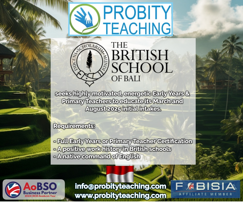 Probityteaching's tweet image. Probity Teaching is delighted to coordinate recruitment for the new British School of Bali, on behalf of The Schools Trust. Please submit a comprehensive CV to info@probityteaching.com
#BritishSchoolBali #TeachingOpportunities #EarlyYearsTeaching #PrimaryTeaching #TeachingAbroad