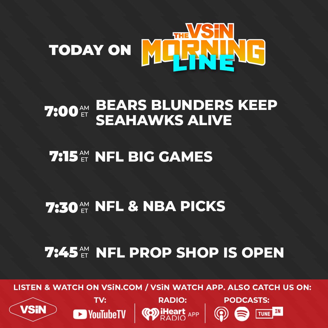 VSiN (@vsinlive) on Twitter photo Getting you ready to bet the NFL this weekend with <a href="/HarrisonSanford/">Harrison Sanford</a> & <a href="/erikcoleman/">Erik Coleman</a>
Huddle up LIVE at 7am ET. Getting you ready to bet the NFL this weekend with <a href="/HarrisonSanford/">Harrison Sanford</a> & <a href="/erikcoleman/">Erik Coleman</a>
Huddle up LIVE at 7am ET.
