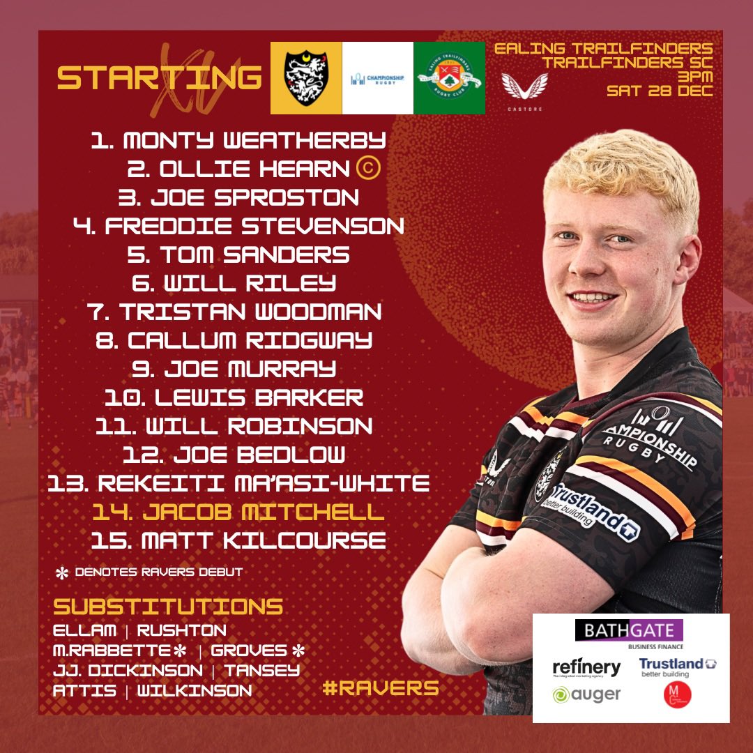 𝐓𝐞𝐚𝐦 𝐍𝐞𝐰𝐬 - 𝘠𝘰𝘶𝘳 𝘙𝘢𝘷𝘦𝘳𝘴 🪩

🆚 <a href="/ealingtfrugby/">Ealing Trailfinders</a> 
⏰ 3PM
📆 Sat 28th Dec
🏆 Round 10 <a href="/champrugby/">Elior Champ Rugby</a> 
🪩 Rabbette &amp; Groves in line for debuts.
📸 Jacob Mitchell
©️ <a href="/Olliehearn/">Ollie Hearn</a> 

#JoinTheJourney #Ravers #rugby #rugbyunion #champrugby