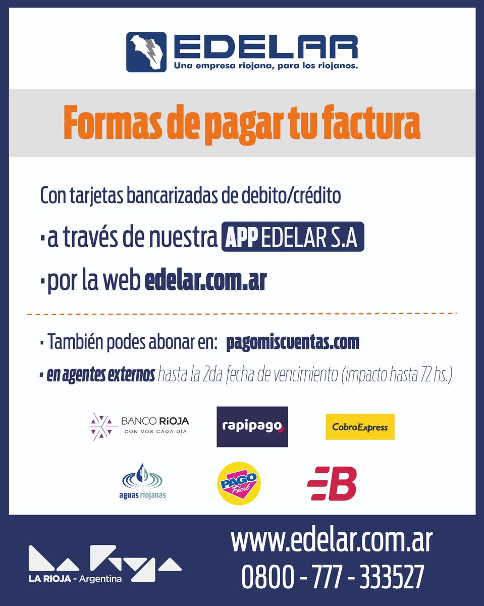 EdelarSAU's tweet image. 🚗En vacaciones te recordamos las formas de pagar tu factura #Edelar 

➡️Para tu comodidad, ponemos a tu disposición diferentes opciones de pago: ⬇️

 💳Pago online: desde la web edelar.com.ar  o app edelar.