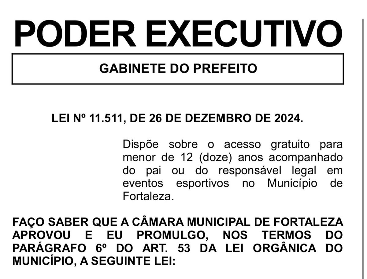 Última Lei sancionada de minha autoria. Ao todo foram 25. Existe um percentual da carga de ingresso destinada, não serão todas as crianças. Antecipando para <a href="/CearaSC/">Ceará Sporting Club</a> <a href="/FortalezaEC/">Fortaleza Esporte Clube 🦁</a> e <a href="/ferroviario/">Ferroviário Atlético Clube</a>.