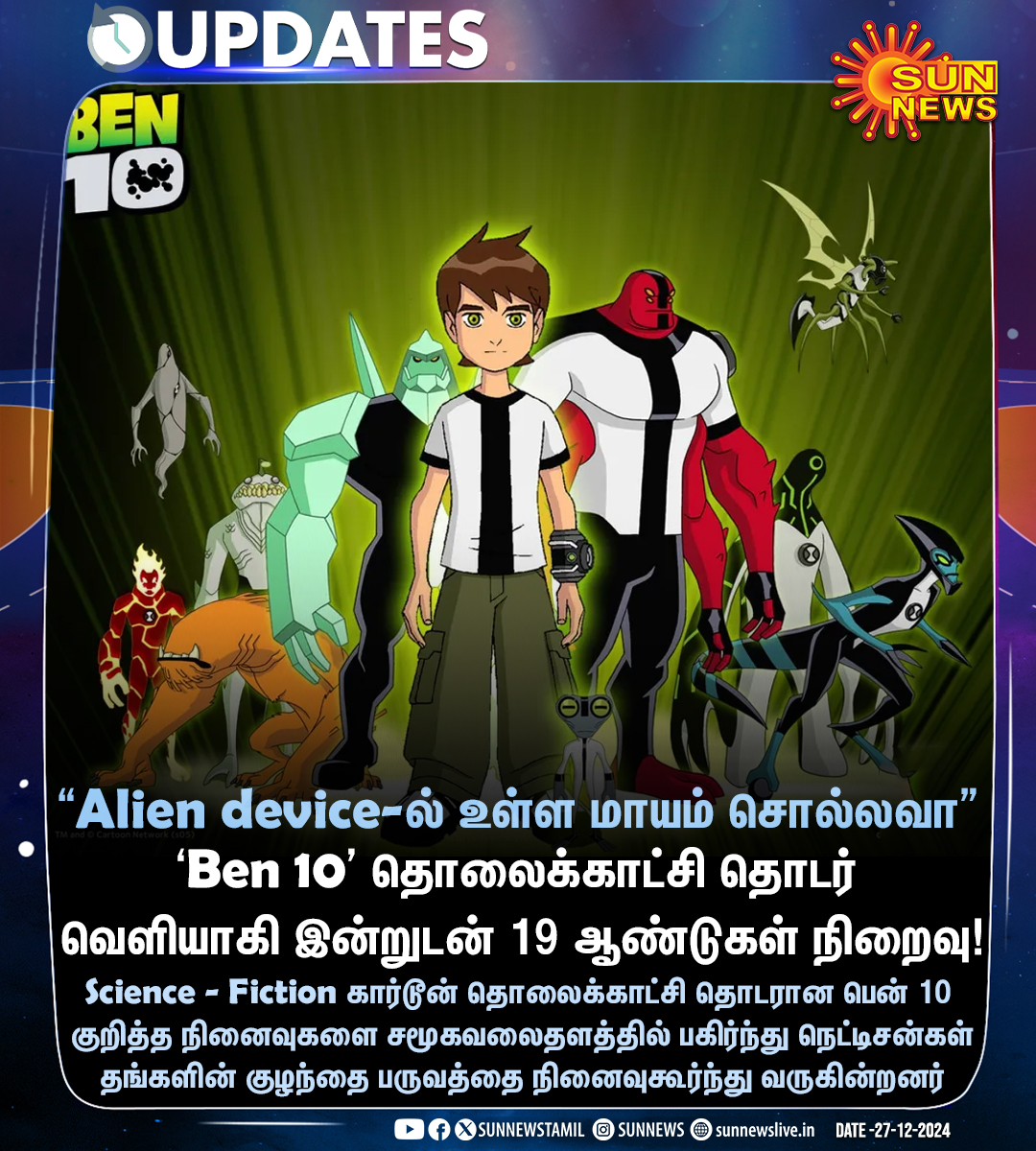 sunnewstamil's tweet photo. 19 ஆண்டுகளை நிறைவு செய்த Ben 10

#SunNews | #Ben10 | #Ben10AlienForce | #Omnitrix https://t.co/geQkHeTfoD