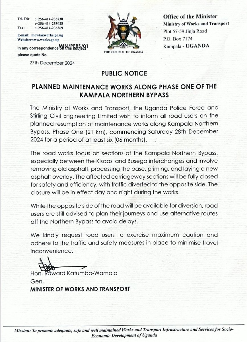 assempebwa's tweet photo. 📌Very important traffic advisory. 

Please look out for scheduled improvements along Kampala Northern Bypass [Old phase] during this festive season, day and night, starting TOMORROW.

#ConnectUg @MoWT_Uganda https://t.co/xqNe02eoc9