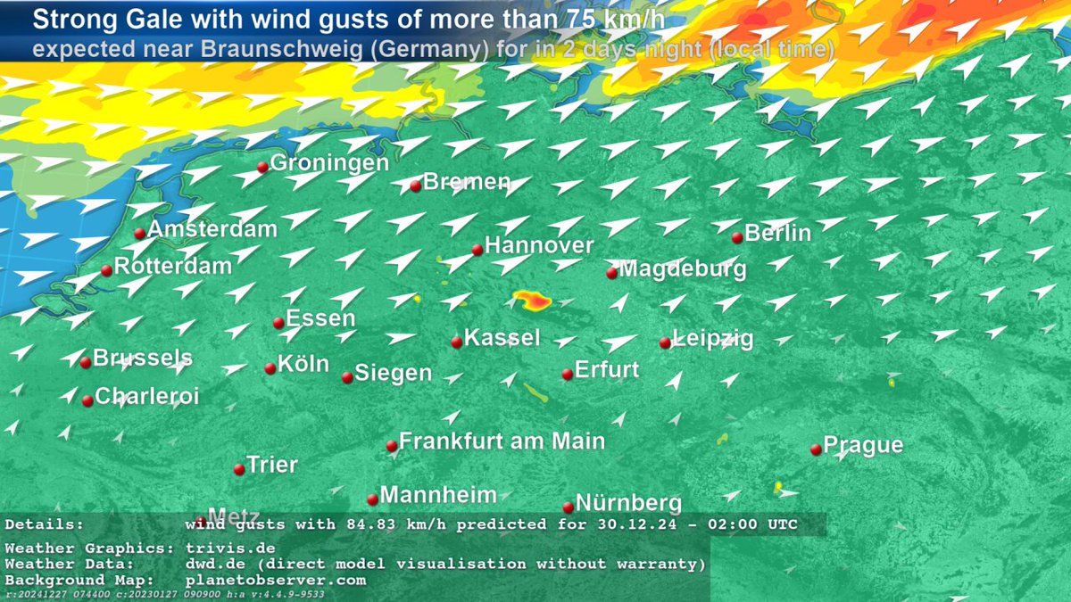 ASKMeteo's tweet photo. ICON model contains significant #weather #wetter of type "#StrongGale" with wind gusts of more than 75 km/h near #Braunschweig (#Germany) for in 2 days night given in local time. The ICON forecast data predicts wind gusts with 84.83 km/h for 30.12.24 - 02:00 UTC. https://t.co/SS6zd82ojm