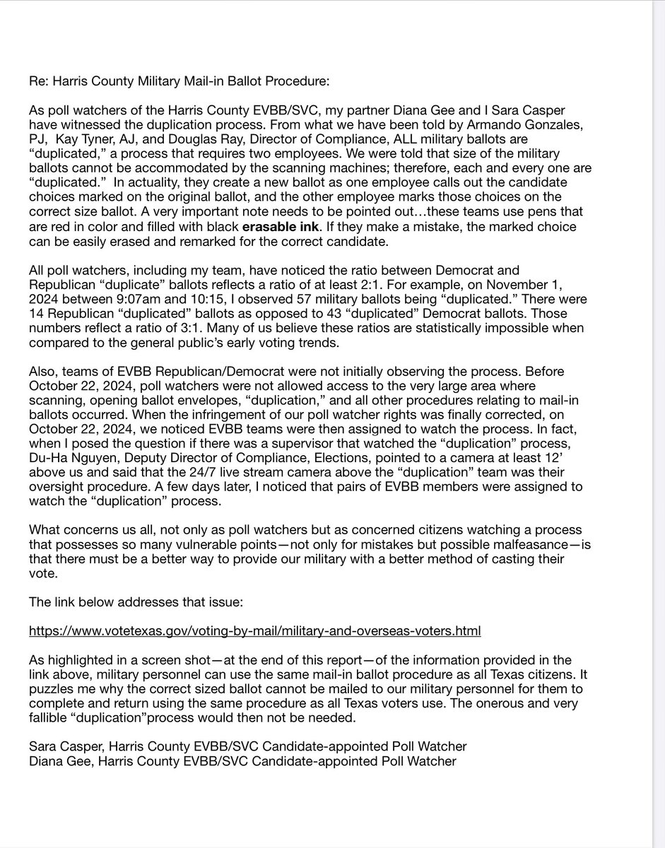 DobeLass's tweet photo. My partner and I worked at the election HQ as candidate-appointed poll watchers. The following is one of several reports sent to the Texas SOS, the District Attorney, and the County Republican Party to no avail. 

Report #1: https://t.co/UoVnd8dDh1