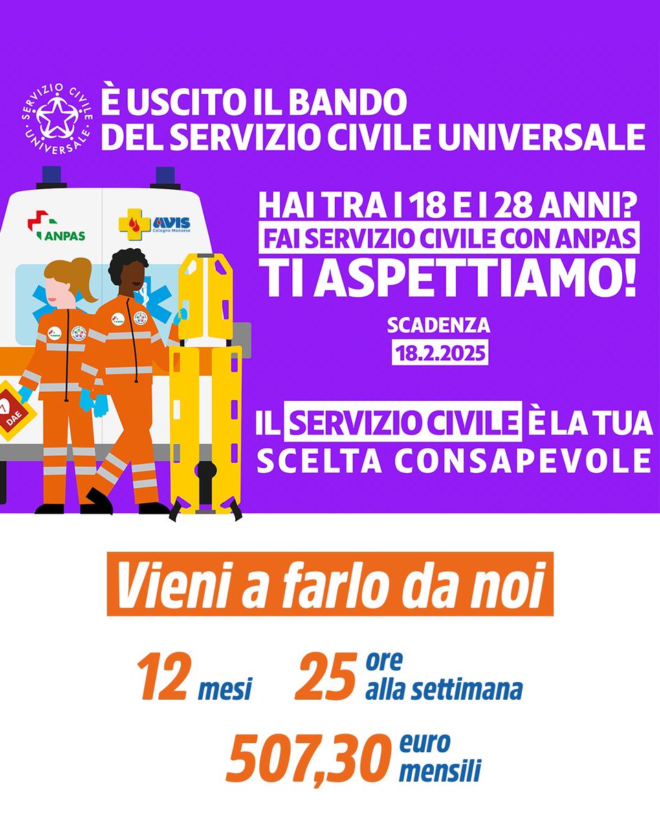 Aviscologno's tweet photo. È aperto il nuovo bando per il Servizio
Civile Universale!
🙋🏽‍♀️🙋🏻‍♂️Sono 6 i posti disponibili per giovani di età tra i 18 e i 28 anni.
⏱️La scadenza per presentare domanda è il 18 febbraio 2025 alle ore 14:00.
ℹ️ https://t.co/SXo8XPGxwP

#serviziocivileuniversale #anpas #sociale https://t.co/vyVTy0sTSk