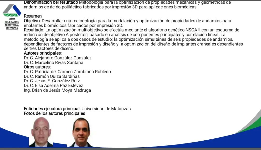 CEFAS_UM's tweet photo. El CITMA Territorial ha premiado nuestro resultado, orientado a la optimización de andamios impresos en 3D para aplicaciones biomédicas. ¡Muchas felicidades a los autores (Alejandro González y Marcelino Rivas), a los coautores y las entidades colaboradoras (BIOMAT y UANL). https://t.co/MwyEvQ7yFF