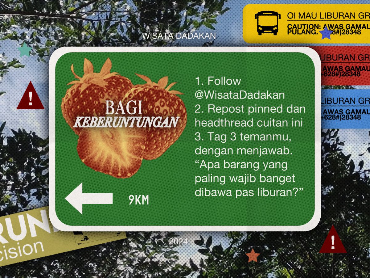 WisataDadakan's tweet image. LISTEN UP, FOLKS! 🗣️ 

We’ve got an amazing offer: two (2)—yes, TWO—seats up for grabs for two lucky people to join our road trip! Kapan lagi bisa ikut road trip tanpa keluar biaya? Langsung aja uji kehokian kalian! Kami tunggu sampai 28 Desember 2024, 7 PM GMT+7. Don’t miss out!