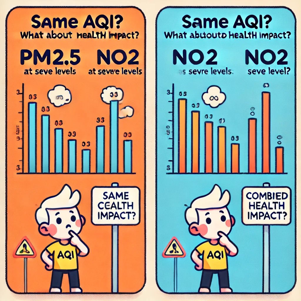 navipeth's tweet photo. If #PM25 & #NO2 are both at severe levels 🚨  
.versus
Only #PM25 at severe level ⚠️  

🌍 Most #AQI indices report the
*same level*
for both cases,
Ignoring the
*cumulative health impact*
of multiple pollutants.  

Is it time for a
#MultiPollutant #AQI reform?  

#AirQuality #Pollution #PublicHealth #ClimateScam #ClimateEmergency #JusticeIsDue

@ETHealthWorld @FT @climate @UNEP @ClimateHuman @UNDPClimate