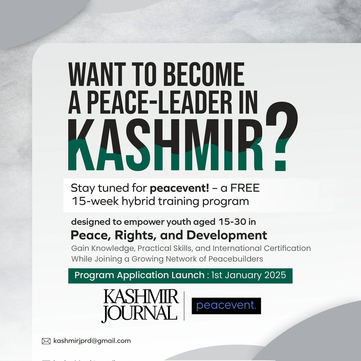 Become a peace-leader in Kashmir with 'peacevent', a 𝗙𝗥𝗘𝗘 15-week training program for youth aged 15-30 in Peace, Rights, and Development; applications open 1st January 2025!
#peaceeducation
#peaceforkashmir #kashmir