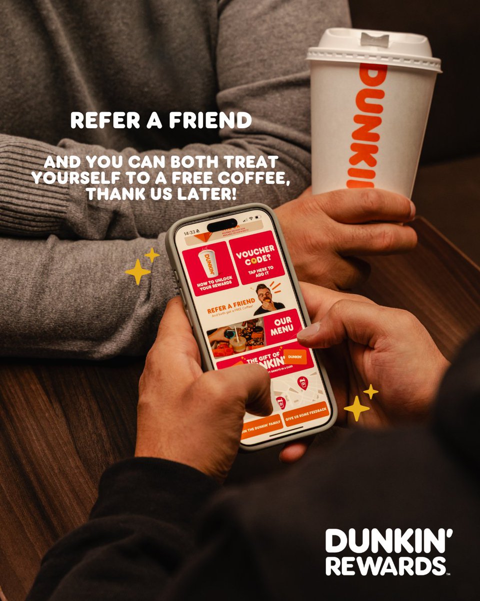 our new app is BIGGER, BETTER, and packed with REWARDS!   

here’s what you need to know:
💸 Earn 5 points for every £1 spent
💰 100 points = £1 off
☕ Download the new app &amp; get a FREE coffee
🫶 Refer a friend &amp; you both get a FREE coffee
Make every Dunkin’ run count! #DunkinUK