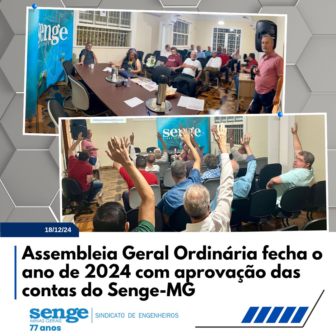 Assembleia Geral Ordinária fecha o ano de 2024 com aprovação das contas do Senge-MG

Entre os itens aprovados estão as contas do Sindicato do exercício vigente e a anuidade de 2025, que permanecerá a mesma de 2024.

Acesse: sengemg.com.br