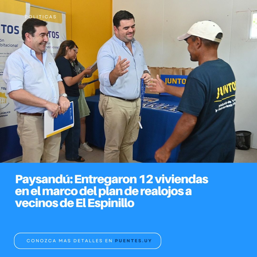 En el marco de los planes Avanzar y Juntos que viene llevando adelante la Intendencia de Paysandú junto con el Ministerio de Vivienda y Ordenamiento Territorial, días atrás se hizo entrega de 12 nuevas viviendas a vecinos del asentamiento El Espinillo..
puentes.uy/post.php?id=20…