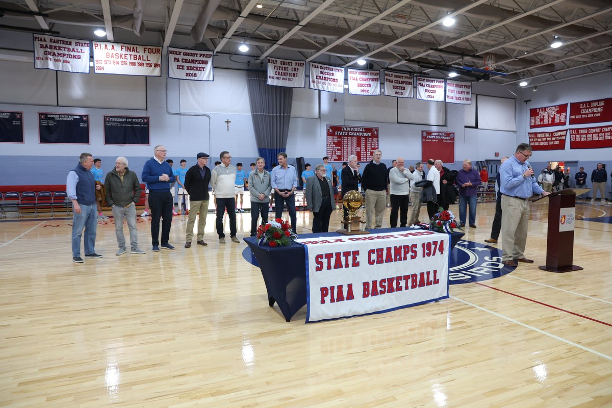 HolyGhostPrep's tweet image. Back in 1974, a gallon of gas was 53 cents, the No. 1 song was the “Way We Were” by Barbara Streisand, and the top PIAA Class C boy’s basketball team in Pennsylvania was @HGPBasketball. It was great to welcome back many of the players from that team last weekend. #ThinkGhost