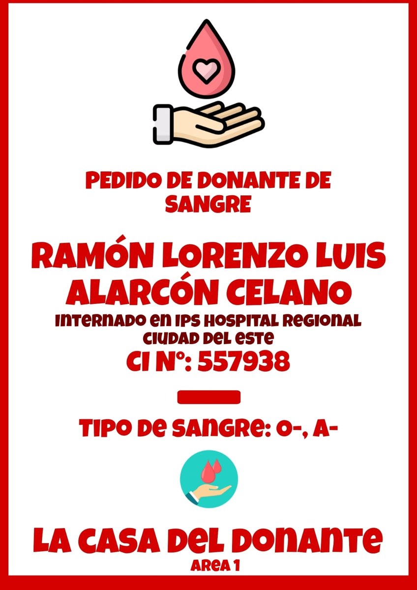 𝗦𝗢𝗟𝗜𝗗𝗔𝗥𝗜𝗗𝗔𝗗 |

🩸El señor Ramón Alarcón, internado en IPS de Ciudad del Este, necesita donación de sangre por complicaciones de salud.