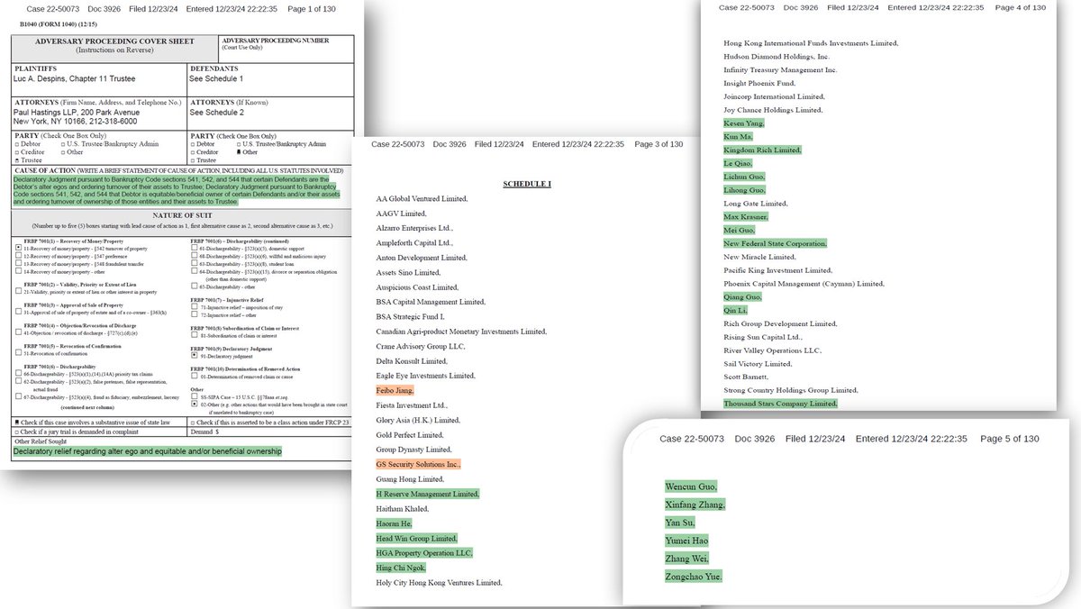 #郭文贵破产案 LUC最新立案追缴郭骗资产
 1⃣LUC在诉状中追缴郭骗家庭成员，雇员和协同作案人员名下的资产，他们从中扮演主要的“稻草人”角色。
🔸这些人包括郭文贵的一位兄弟（Wencun GUO、一位侄女和丈夫、嫂子、几名雇员，以及
🔸几位NFSC支持者包括