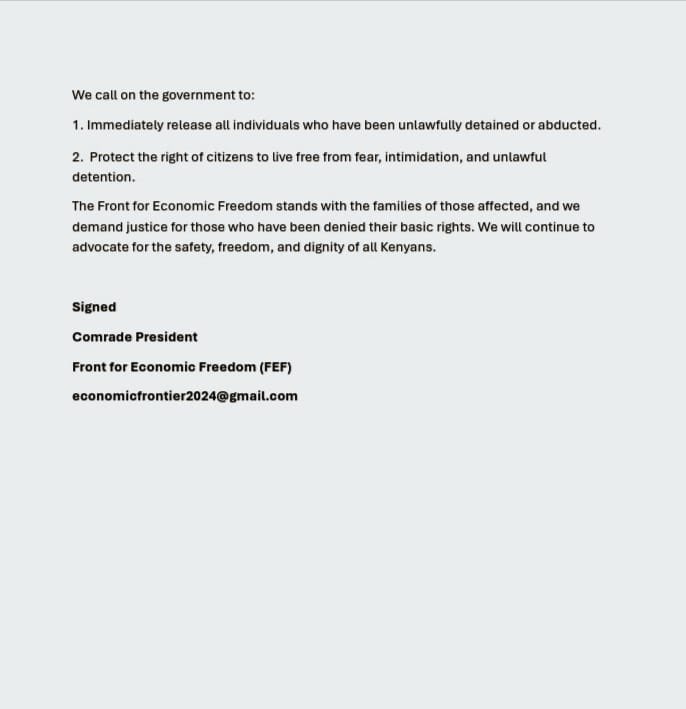 front_fef's tweet image. PRESS RELEASE ON THE ONGOING ABDUCTIONS AND FORCED DISAPPEARANCE 

Free all the abductees 
#EndAbductionsKE 
#FreeKibetBull 
#FreeBillyMwangi 
#FreePeterMuteti