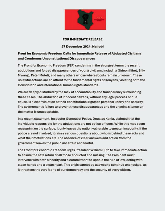 front_fef's tweet image. PRESS RELEASE ON THE ONGOING ABDUCTIONS AND FORCED DISAPPEARANCE 

Free all the abductees 
#EndAbductionsKE 
#FreeKibetBull 
#FreeBillyMwangi 
#FreePeterMuteti