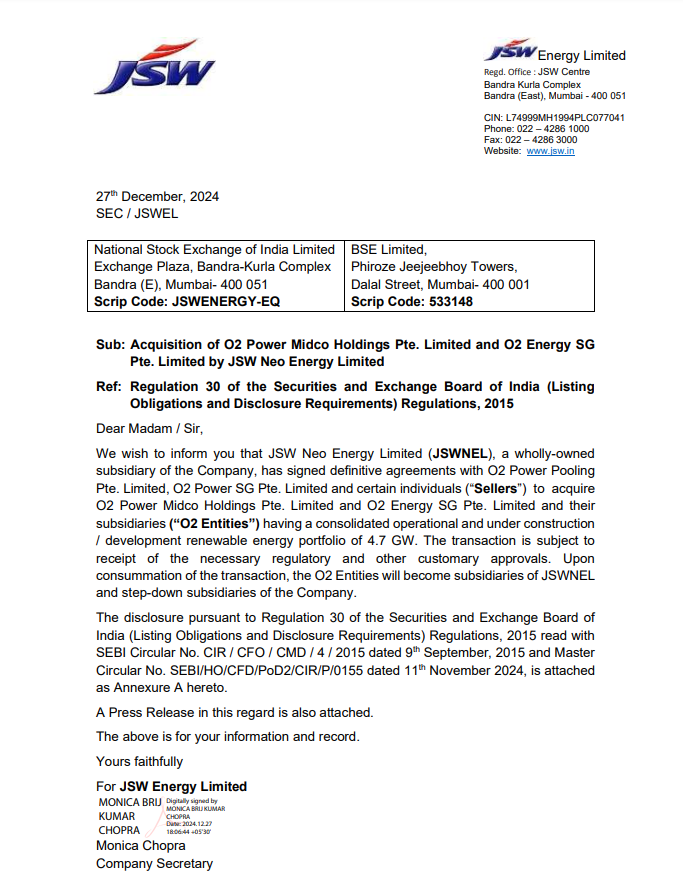 CNBCTV18Live's tweet photo. #JustIn | JSW Energyβs arm JSW Neo Energy signs agreement with O2 Power Pooling Pte, O2 Power SG Pte & certain individuals to acquire O2 Power Midco Holdings Pte & O2 Energy SG Pte for $1.47 billion (approx βΉ12,468 crore)
#JSWEnergy #JSWNeoEnergy #O2Power https://t.co/f8l2qbBgkb