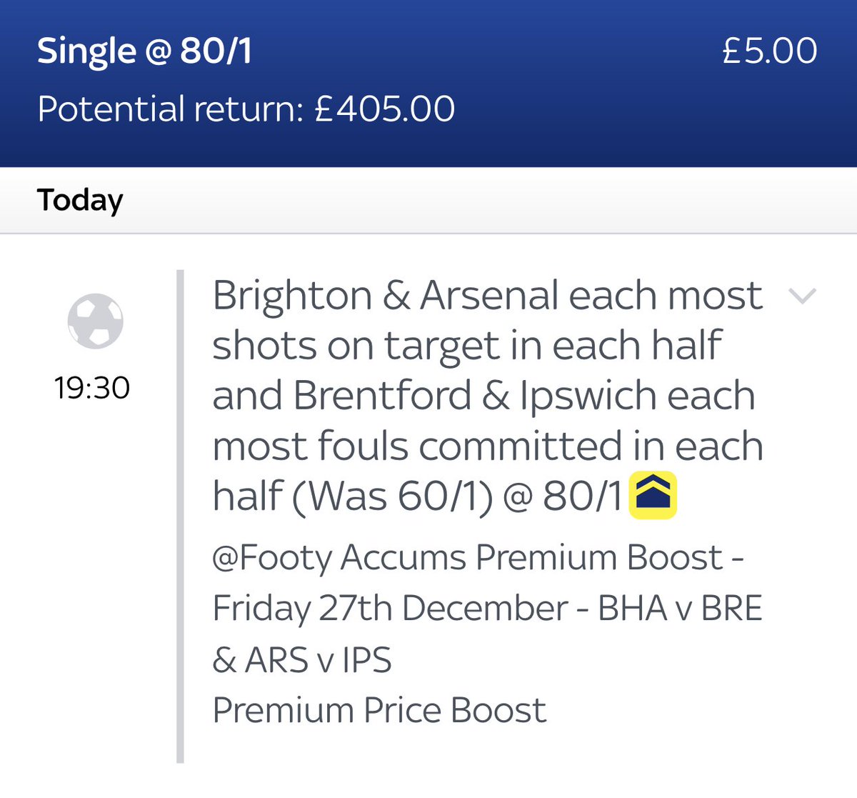 🙌 Our stats boost for the two evening PL games is LIVE! 

❤️ WE WILL GIVE £25 TO SOMEONE WHO LIKES THIS POST &amp; £25 TO SOMEONE WHO REPOSTS IT IF IT WINS!

👉 80/1 exclusive link HERE: footyaccums.bet/PremBoost271224

📆 WAS: 60/1 (as of 9am 27/12)

#Ad 18+ GambleAware.org