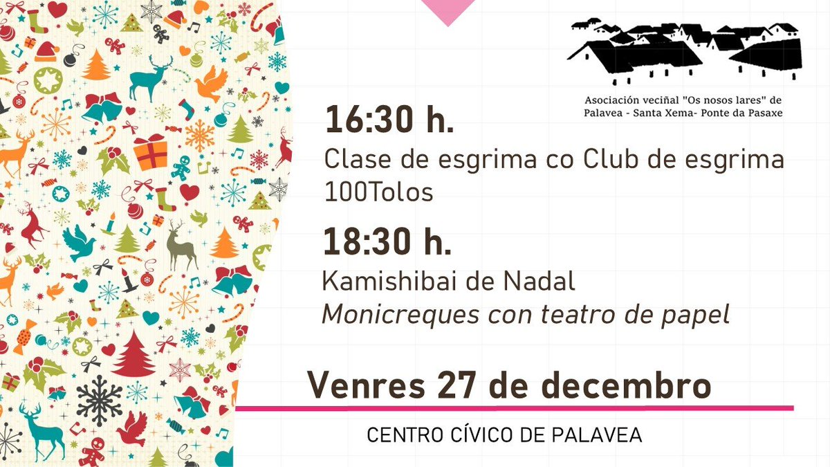 Vémonos esta tarde na clase gratuita de esgrima da man de <a href="/100tolos/">100Tolos Esgrima y Pentatlón Moderno</a> e no teatro de monicreques de papel de Kamishibai de Nadal!! As activades terán lugar no Centro Cívico de Palavea. Vas perdelas?? 🎭🎉