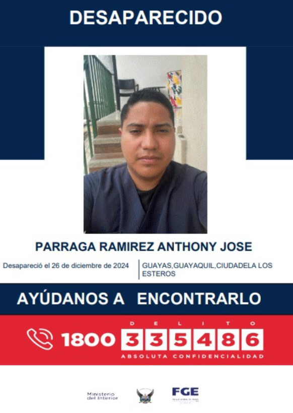 EcEnDirecto's tweet photo. #ATENCIÓN 
En la ciudadela Los Esteros, en Guayaquil, se reportó como desaparecido a Anthony José Párraga Ramírez, fue visto por última vez el 26 de diciembre de 2024. Si tiene alguna información sobre su paradero comuníquese al 1800 (335486). https://t.co/1XP2Ztkz4S