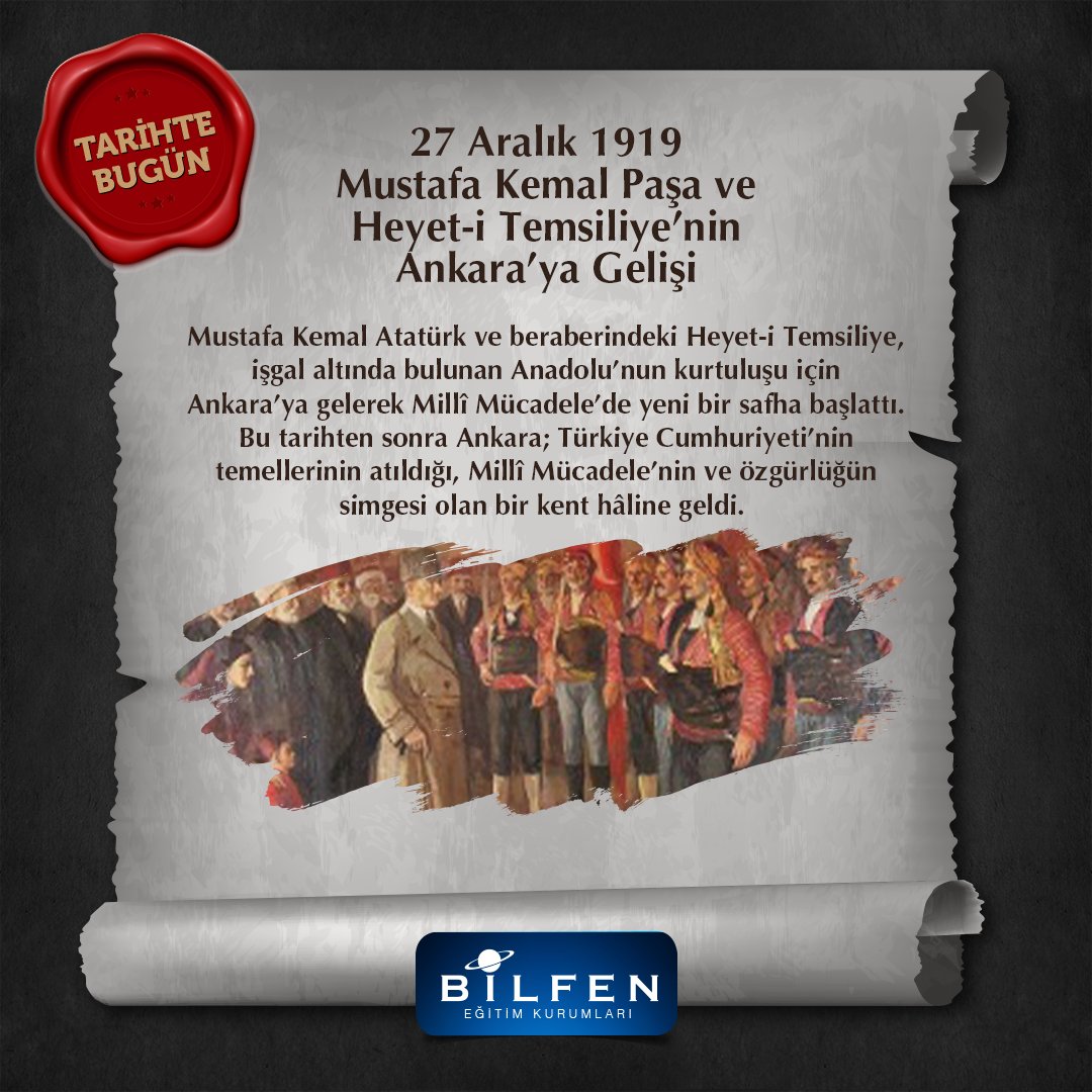 27 Aralık 1919 Mustafa Kemal Paşa ve Heyet-i Temsiliye’nin Ankara'ya Gelişi

Millî Mücadelemizin büyük önderi ve Cumhuriyet’imizin kurucusu Gazi Mustafa Kemal Atatürk’ün bağımsızlığımızın kalbi olan Ankara’ya gelişinin 105. yılı kutlu olsun!

#bilfen
