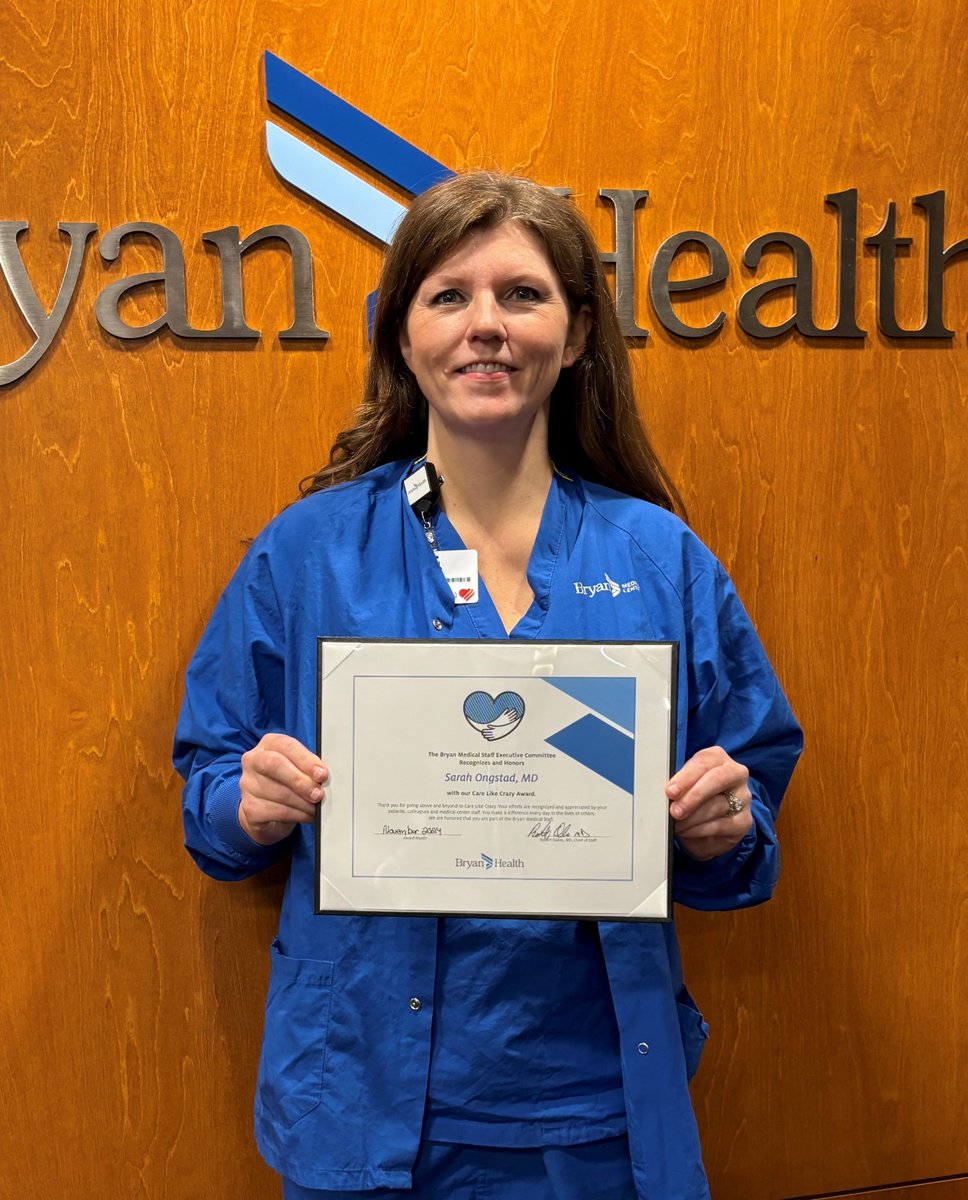 Congratulations to Dr. Sarah Ongstad for receiving the Care Like Crazy Award!

Dr. Ongstad, thank you for the care you provide daily to your patients. You make a difference in the lives of others. We are honored that you are part of the Bryan Medical Staff.