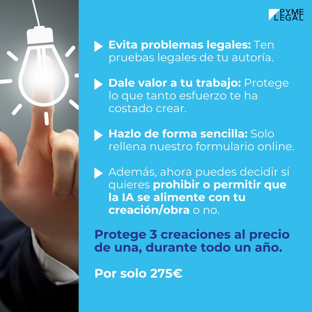 🎨✨ Protege tu creatividad y todo tu trabajo con Pyme Legal ✨🎨

¿Sabías que puedes registrar diferentes tipos de obras con nuestra única tarifa? Protege 3 creaciones al precio de una.

#PropiedadIntelectual