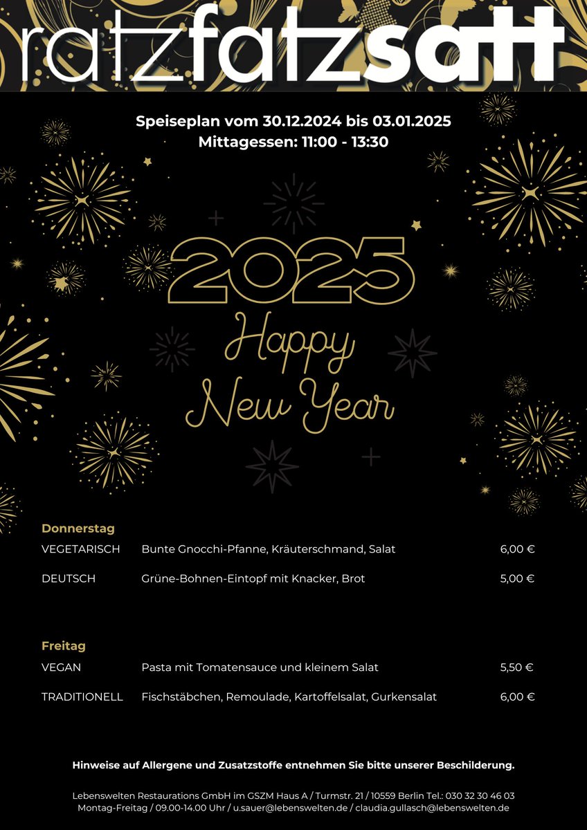Unsere Karte für die nächste Woche. Wir wünschen Euch einen gesunden Start ins neue Jahr!
#ratzfatzsatt