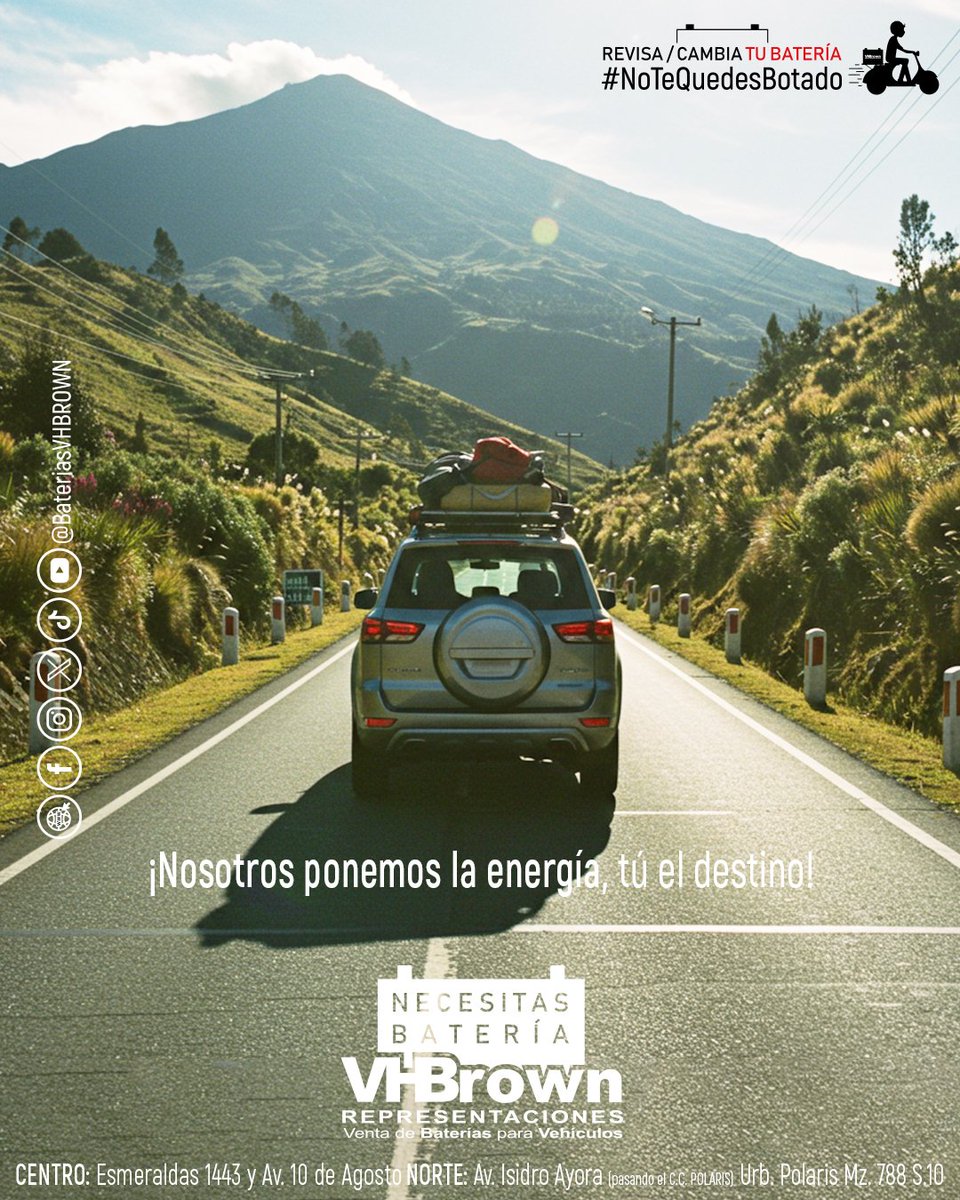 BateriasVHBROWN's tweet photo. Tu pones el #destino nosotros la #energía
#NoTeQuedesBotado
Si necesitas #Batería piensa en #VHBROWN
#Guayaquil #Samborodon #ViaLaCosta
#feriado #findeaño #añonuevo #feriadolargo #viajar #roadTrip https://t.co/dwc7iFVk5t