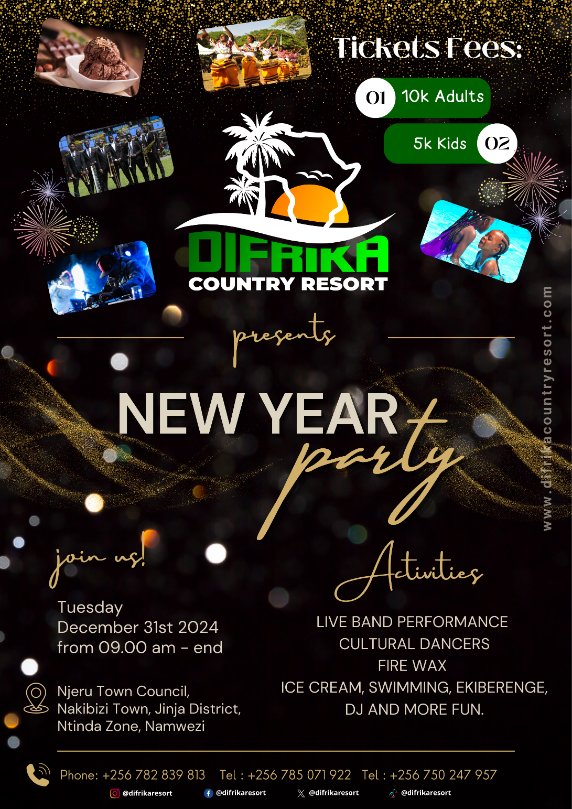 difrikaresort's tweet photo. 🎉✨ New Year's Eve Party at Difrika Country Resort! ✨🎉
📅 Date: December 31st, 2024
⏰ Time: Starting 5:00 PM till Late
📍 Location: Difrika Country Resort, Jinja
#JinjaEvents #FunForEveryone https://t.co/FTg9Q9n7Sg