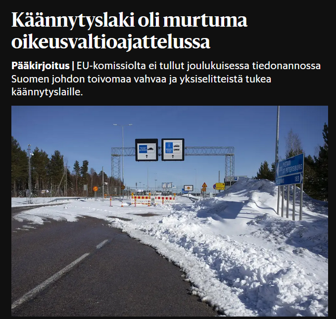 HS:n pääkirjoituksen mukaan rajaturvallisuuslaki ravisteli perustuslakia ja ihmisoikeuksia, mursi oikeusvaltioajattelun, politisoi PeV:n ja iski säröä sääntöpohjaiseen kv-järjestelmään. Kirjoitus on absurdi rimanalitus.⛓️

1. HS:n pääkirjoitus puhuu "käännytyslaista", jota