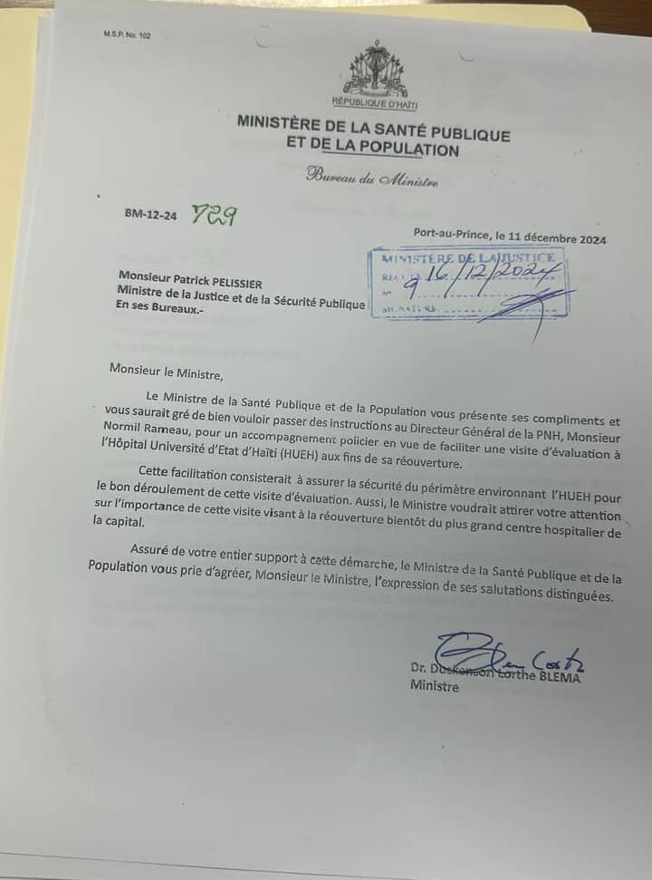 Yesterday #Haiti CPT fired health minister over hospital attack where journalists were killed &amp; shot. He’s been replaced by justice minister. This letter is a request from health minister to justice minister to request police security for reopening. What are we not being told?