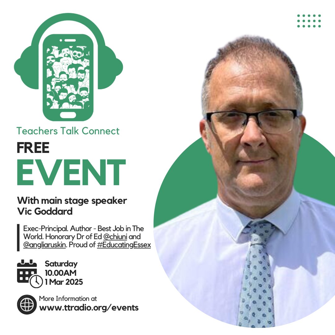 Teachers Talk Radio (@ttradioofficial) on Twitter photo Announcing! Following <a href="/KateJones_teach/">Kate Jones</a> <a href="/ICT_MrP/">Mr P MBE</a>, our final main stage speaker is the incredible <a href="/vicgoddard/">Vic Goddard</a>! Join us in Manchester for Teachers Talk Connect, Free on Saturday 1st March 2025 ttradio.org/teachers-talk-… Announcing! Following <a href="/KateJones_teach/">Kate Jones</a> <a href="/ICT_MrP/">Mr P MBE</a>, our final main stage speaker is the incredible <a href="/vicgoddard/">Vic Goddard</a>! Join us in Manchester for Teachers Talk Connect, Free on Saturday 1st March 2025 ttradio.org/teachers-talk-…