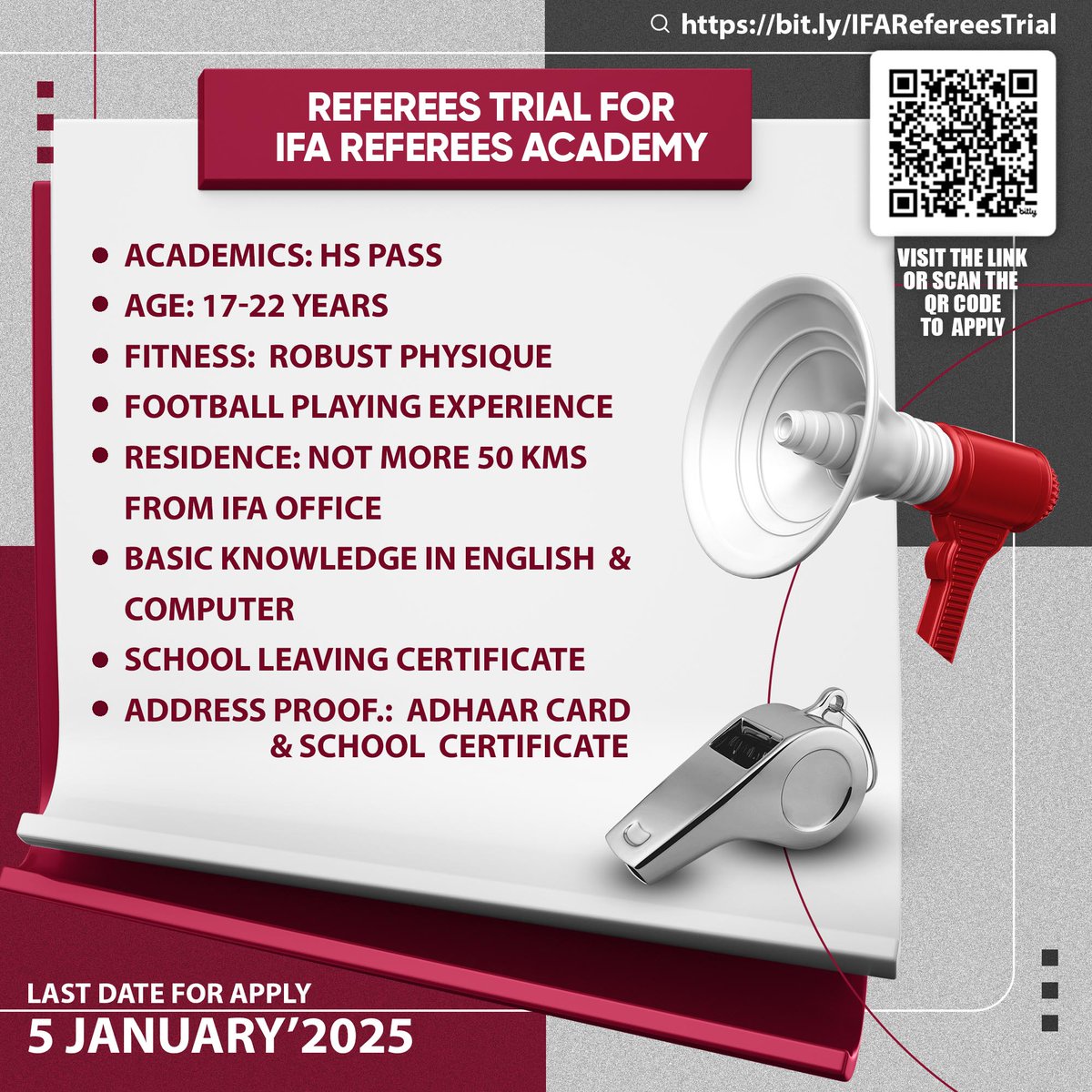 ভবিষ্যতের রেফারি তৈরির লক্ষ্যে বিশেষ উদ্যোগ নিল আই এফএ। এই লক্ষ্যে একটা রেফারি অ্যাকাডেমি গড়তে চলেছে। এই বিষয়ে আগ্রহী ব্যক্তিদের কাছে অনুরোধ আপনারা পর্দায় দেওয়া কিউ আর কোডটি স্ক্যান করে বা কমেন্টে দেওয়া লিংকে গিয়ে আবেদন করতে পারেন।

bit.ly/IFARefereesTri…