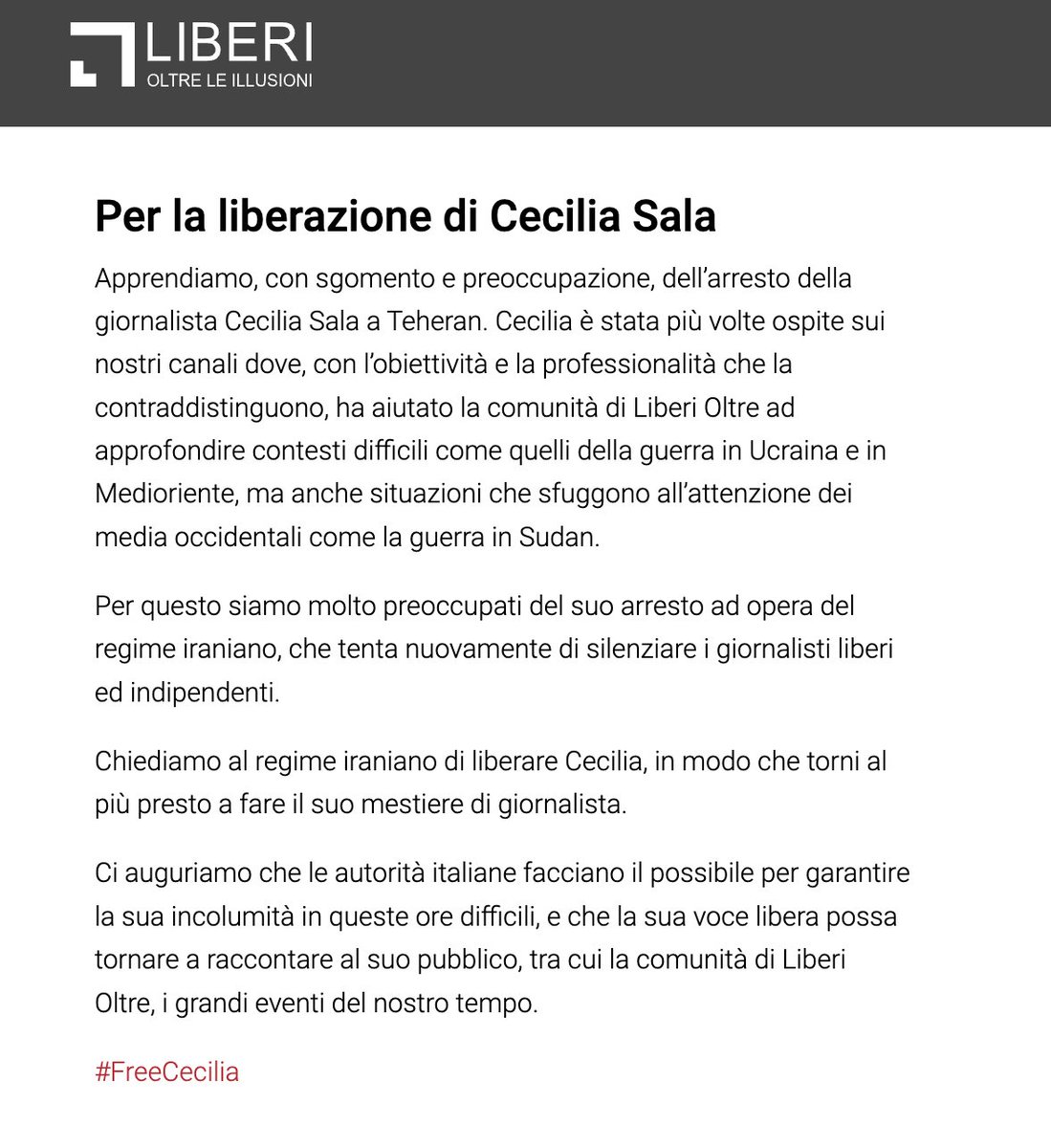 Apprendiamo con sgomento dell’arresto della giornalista <a href="/ceciliasala/">Cecilia Sala</a> a Teheran.

Condanniamo il tentativo del regime iraniano di silenziare i giornalisti indipendenti e chiediamo la sua immediata liberazione. Invitiamo le autorità italiane a intervenire per garantirne