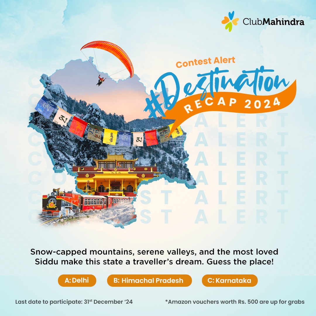 Club Mahindra (@clubmahindra) on Twitter photo #ContestAlert 2 of 6
Participate in all #DestinationRecap2024
STEPS
1) Commenting using #DestinationRecap2024 & tagging 4 friends & <a href="/clubmahindra/">Club Mahindra</a> is mandatory.
2) Participate in all 6 contest posts. Winners get Amazon vouchers worth INR 500 each #ContestAlert 2 of 6
Participate in all #DestinationRecap2024
STEPS
1) Commenting using #DestinationRecap2024 & tagging 4 friends & <a href="/clubmahindra/">Club Mahindra</a> is mandatory.
2) Participate in all 6 contest posts. Winners get Amazon vouchers worth INR 500 each