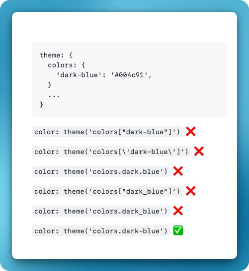 #TIL I can use the dot notation for hyphenated colour names in the theme() directive in tailwaind.config.js, eg. theme('colors.dark-blue'). Wasn't that illegal in Javascript?

<a href="/tailwindcss/">Tailwind CSS</a> asks not to do this in their docs, but this is the only thing that works for me.