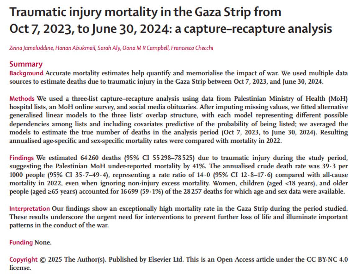🇵🇸 Death Toll in Gaza Undercounted by 41%, New Study Reveals

Peer-reviewed research has recalculated the death toll from Israel's air and ground campaign in Gaza during the first nine months of the war. (Lancet Journal)

Their analysis estimated that 64,260 people died as a