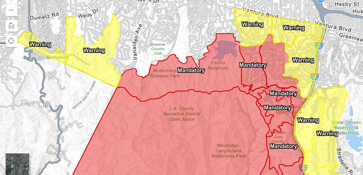 BobBlumenfield's tweet image. MANDATORY EVACUATION ORDER is immediately in effect from Sunset Blvd North to Encino Reservoir. From the 405 Freeway West to Mandeville Canyon. 

Angelenos are encouraged to stay off the roads for all non-essential travel. Allow evacuees and emergency personnel to access roads.