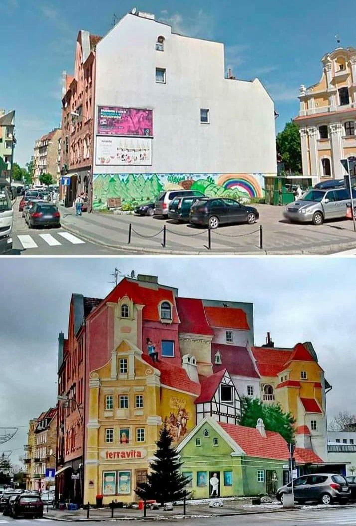 2. The side of a building before and after an absolutely incredible paint job.
