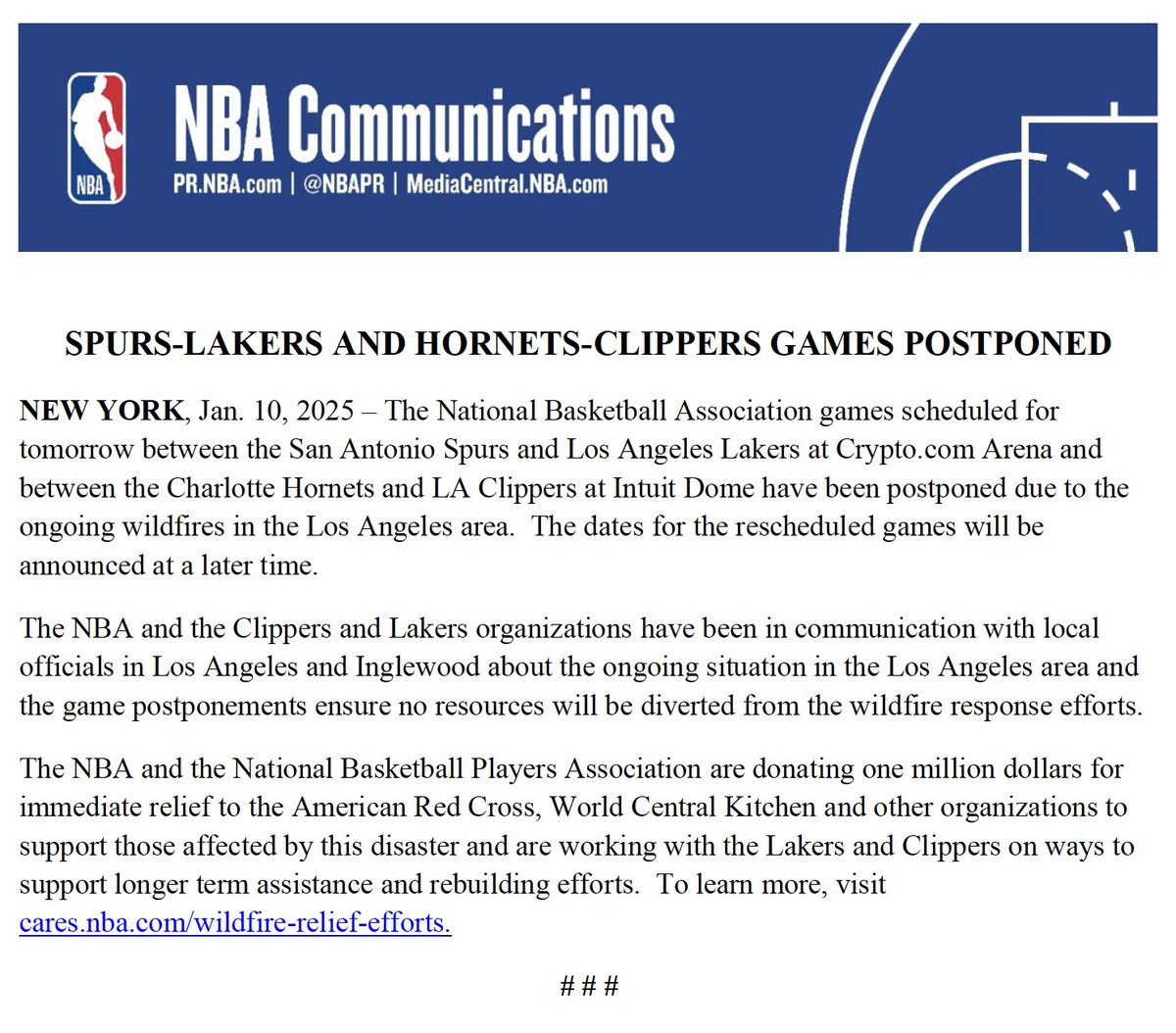 NBAPR's tweet image. The following has been released by the NBA.