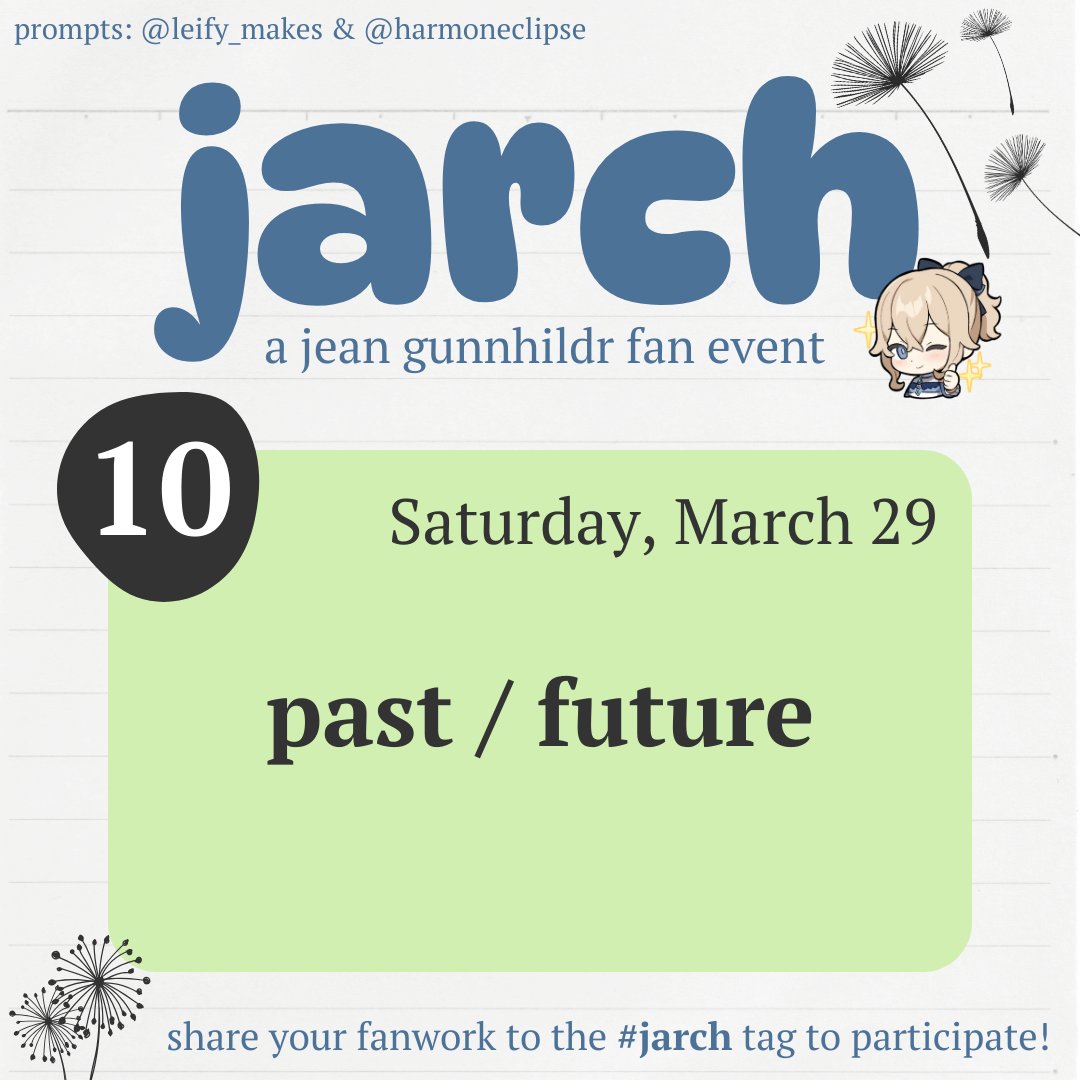 leify_makes's tweet photo. i can't believe i'm saying this, but it is our last day of #jarch2025!!
βοΈ today's prompt is: past/future
thank you for all the wonderful fanwork you've shared - and don't forget to tag #jarch in your art for today!
#jeangunnhildr #jeangenshin #genshinjean https://t.co/qNDRqfsN1C