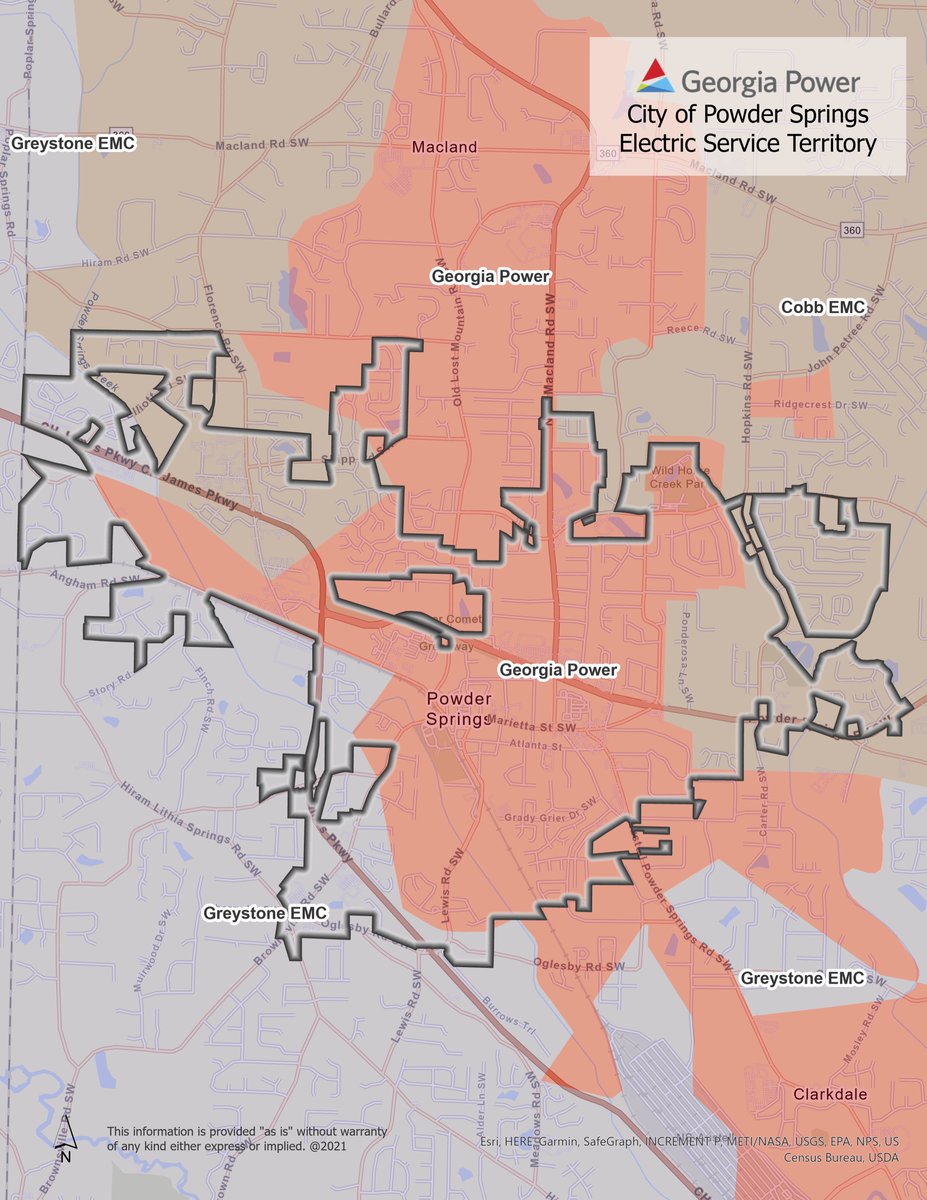 Powder Springs is served by three power companies — Cobb EMC, Georgia Power, and Greystone EMC. Links to their outage maps, where you can also report outages:

Cobb EMC: outagemap.cobbemc.com

Ga. Power: outagemap.georgiapower.com

Greystone: outageentry.com/Outages/outage…