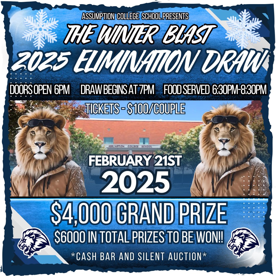 Assumption Football - Brantford ๐จ๐ฆ ๐ ๐จ๐ฆ (@acsbrantford) on Twitter photo Itโs baaaaaaackโฆโฆ
The ACS Elimination Draw!
An amazing evening with great food, prizes, music, and laughter!
Be sure to purchase a ticket, even if you canโt attend, for a chance to win BIG!! Help support ACS Athletics!
DM us to get your ticket today! ๐ฆ๐๐ช๐ช <a href="/assumptionlion/">Assumption CS</a> Itโs baaaaaaackโฆโฆ
The ACS Elimination Draw!
An amazing evening with great food, prizes, music, and laughter!
Be sure to purchase a ticket, even if you canโt attend, for a chance to win BIG!! Help support ACS Athletics!
DM us to get your ticket today! ๐ฆ๐๐ช๐ช <a href="/assumptionlion/">Assumption CS</a>